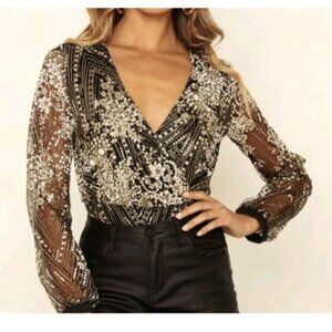 Morning Mist Womens Hello Molly Bodysuit Size 8 Black Glitzy Glam Rock Sheer